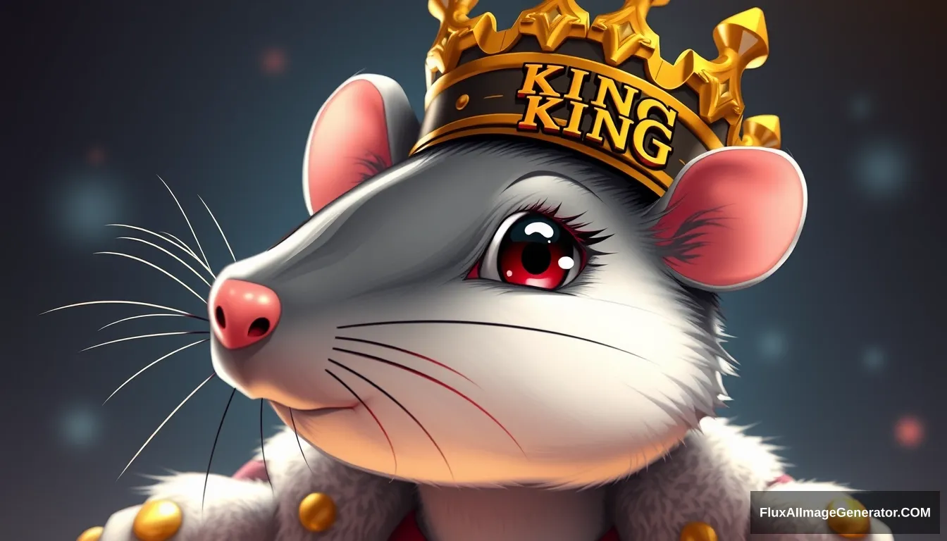 Fantasy cute anthropomorphic rat king in crown, Chrono Trigger style, cute details, anime, cute fantasy, kawaii, contrasting colors, pretty colors, dramatic lighting, portrait, intricate details, manga panel, realistic, 3D rendering, octane render, there is a king text in the crown.