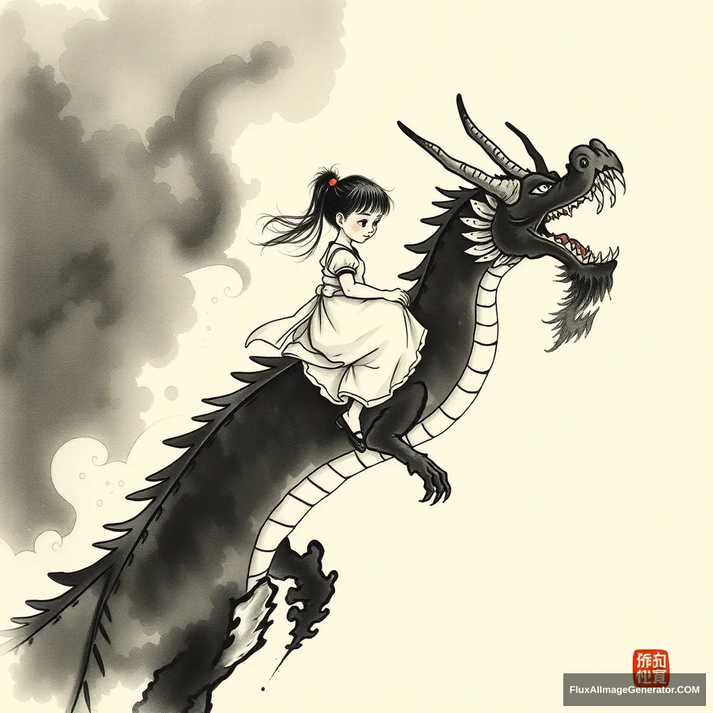 Ink painting, a little girl riding on the dragon's head.