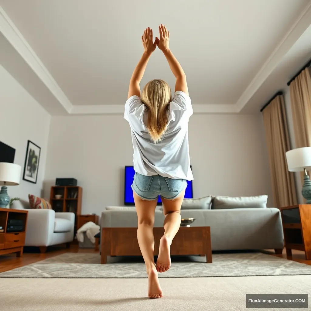 Side view angle of a skinny blonde woman in her massive living room, wearing an oversized white t-shirt that is very imbalanced on one shoulder, along with oversized light blue denim shorts. She is barefoot and facing her TV as she dives headfirst into it, with both arms raised below her head and her legs high up in the air, positioned at a 60-degree angle. - Image