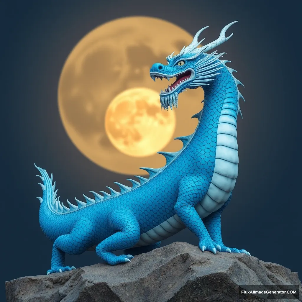 Korean real blue dragon. There is a moon in the background.