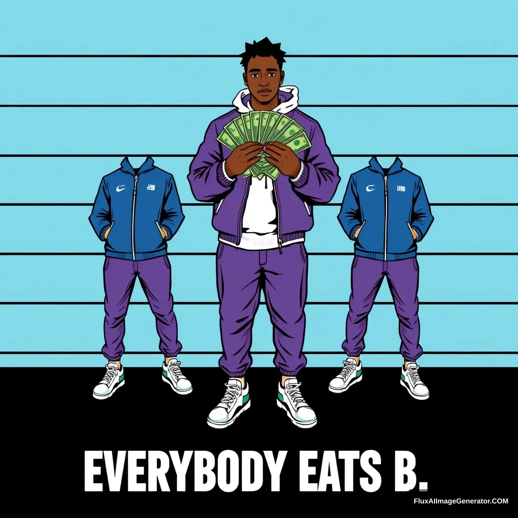 The central figure is holding a stack of green bills, while all three are wearing sneakers and have a modern, urban style of dress. The two figures on the sides are wearing blue jackets and purple pants. A series of horizontal blue stripes serves as the backdrop, and there’s text at the bottom written in white capital letters against a black background: “EVERYBODY EATS B.” 📸 - Image