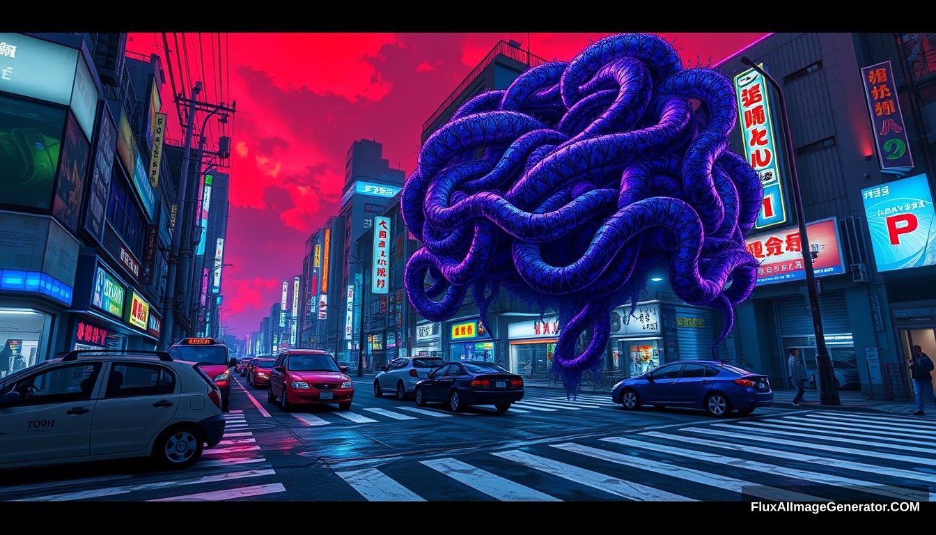 A detailed game concept design, Wide-angle view, Shibuya Crossing, Cyberpunk, Tokyo, Night Scene, Crosswalk Line, Abandoned vehicles, Huge vines from the Demon world wrapping around the building, blue and purple neon lights, the sky is dyed red, digital painting. - Image