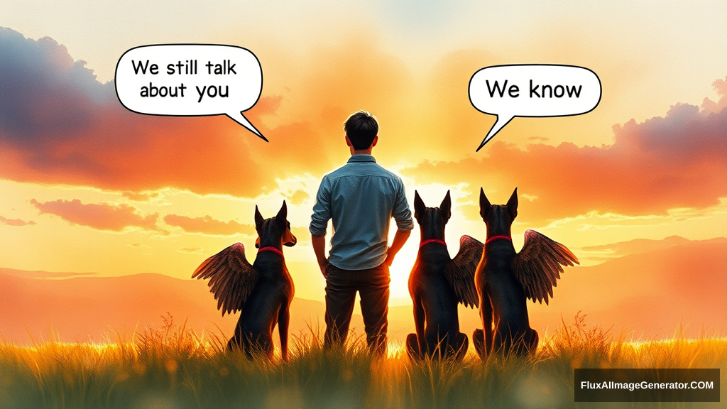 'Watercolor illustration: male figure in a meadow at golden hour, silhouetted against a vibrant sunset sky. Three winged canine Doberman companions sat beside him, facing away from the viewer. Speech bubbles float above: "We still talk about you" (person), "We know" (dog). Nostalgic atmosphere, brushstrokes convey wistful longing.'