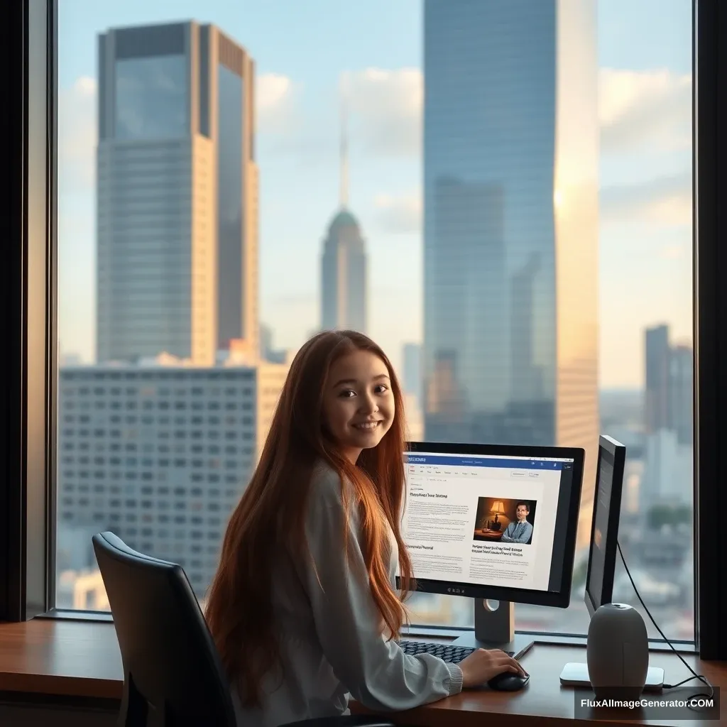 "Outside the window are tall buildings and office towers, while inside, a sweet and lovely girl with long hair sits in front of the computer, facing the viewer, with a product document displayed on the screen."