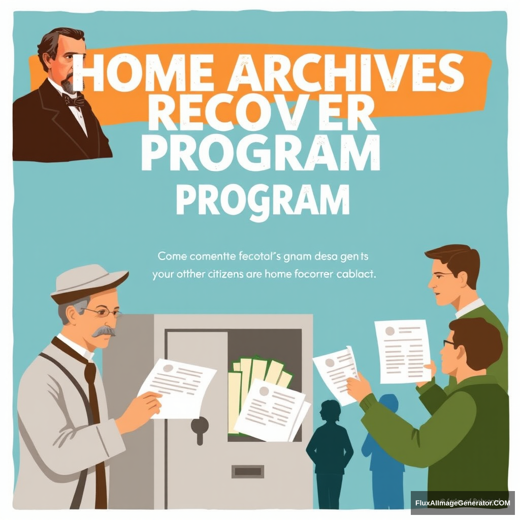 Make a promotional poster for a program called: Home Archives Recovery Program. The poster should depict historical figures from Guanajuato and other citizens depositing documents into an archive cabinet.