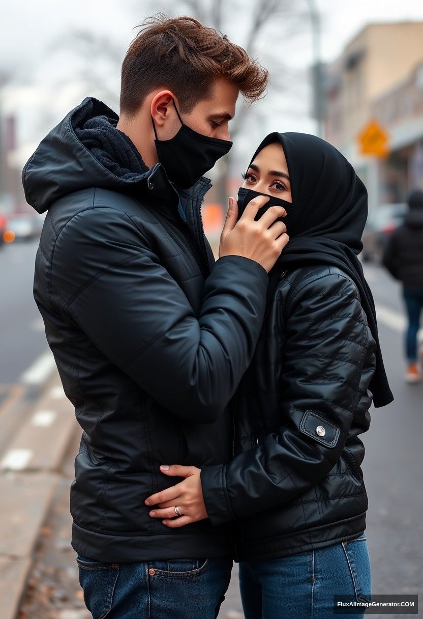 Jamie Dornan, handsome, young, wearing a black face mask, snow jacket, jeans, dating a beautiful, romantic, biggest black hijab Muslim girl with beautiful eyes, also wearing a black face mask and black leather jacket. They stand together near a road in town, pinching each other's cheeks. Photorealistic, street photography.