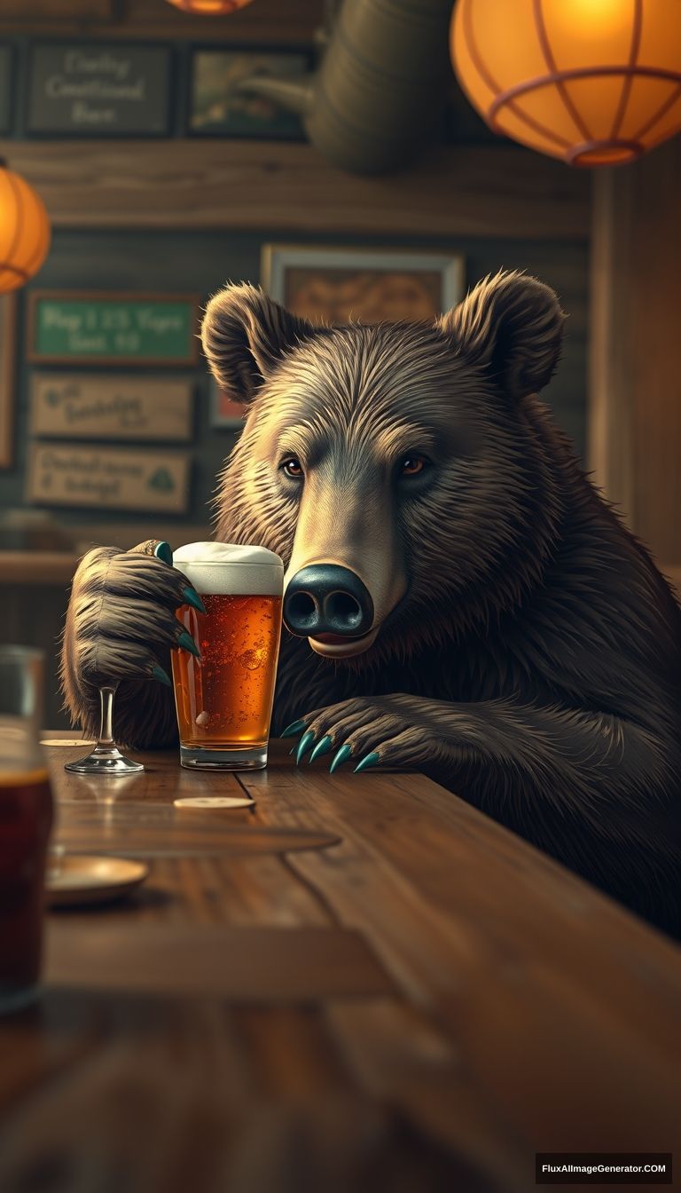 a bear having a beer at a bar with a boar photorealistic