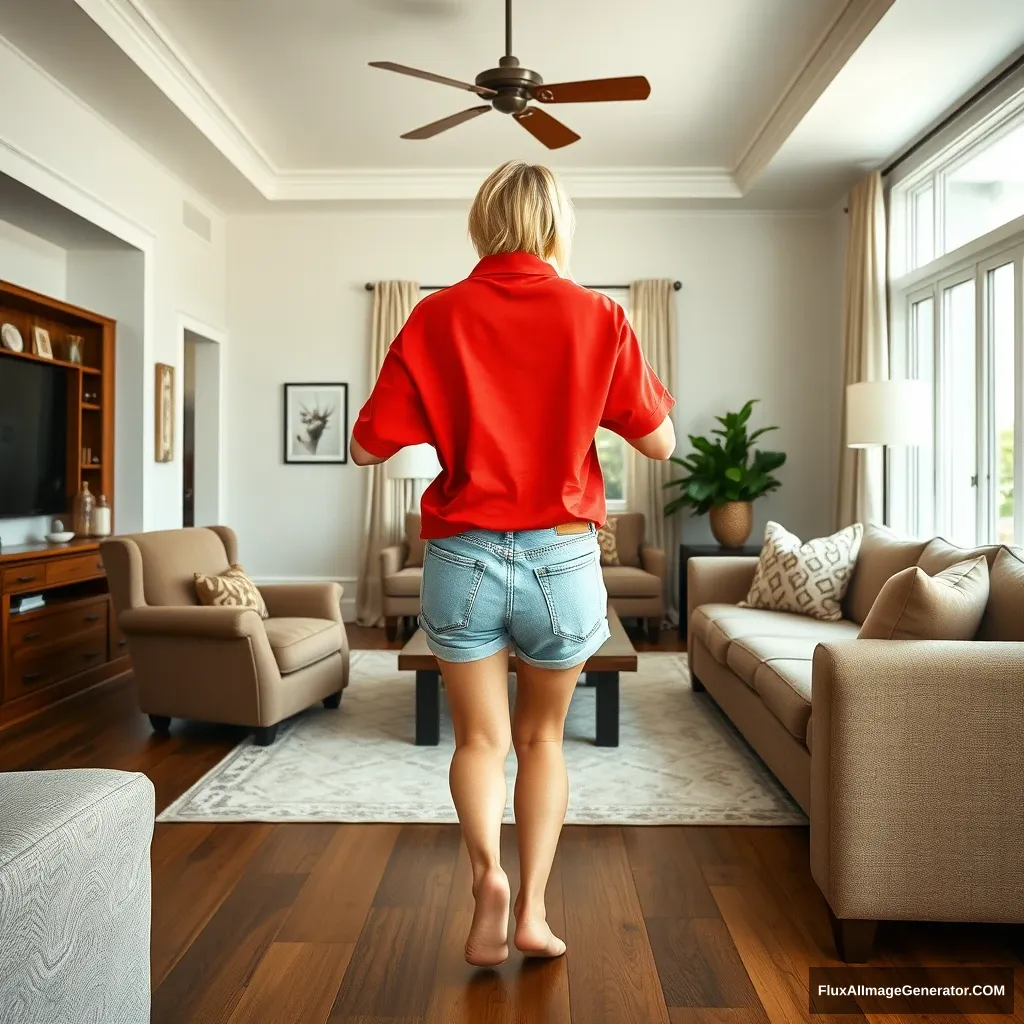 Back view of a blonde skinny woman who is in her massive living room wearing a massively oversized red polo t-shirt that is very off balance on one of the shoulders and wearing big light blue denim shorts that are knee height, and she is wearing no shoes or socks. She faces the camera while getting off her chair and runs towards the camera with both her arms on her chest.