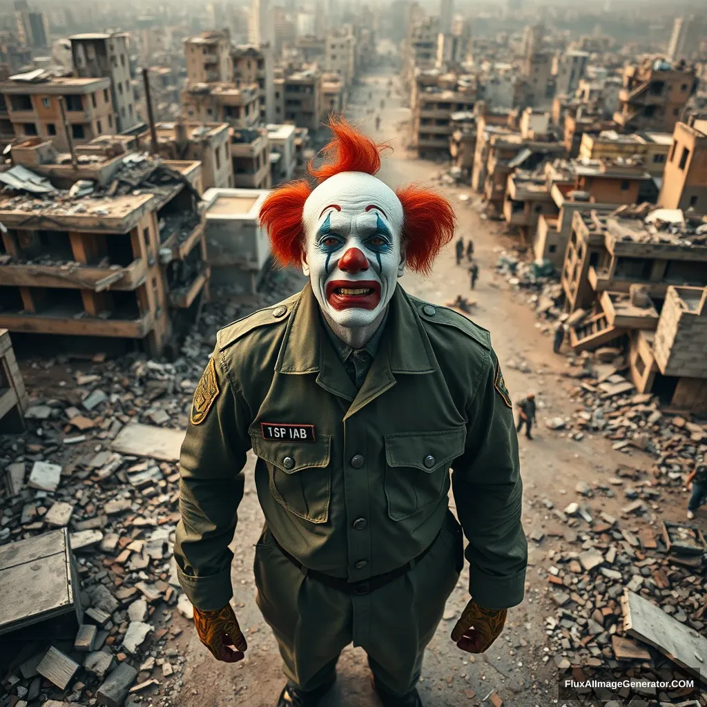 A crying clown in an IDF uniform standing in the middle of a city in ruins. View from above and from some distance. Hyperreal.