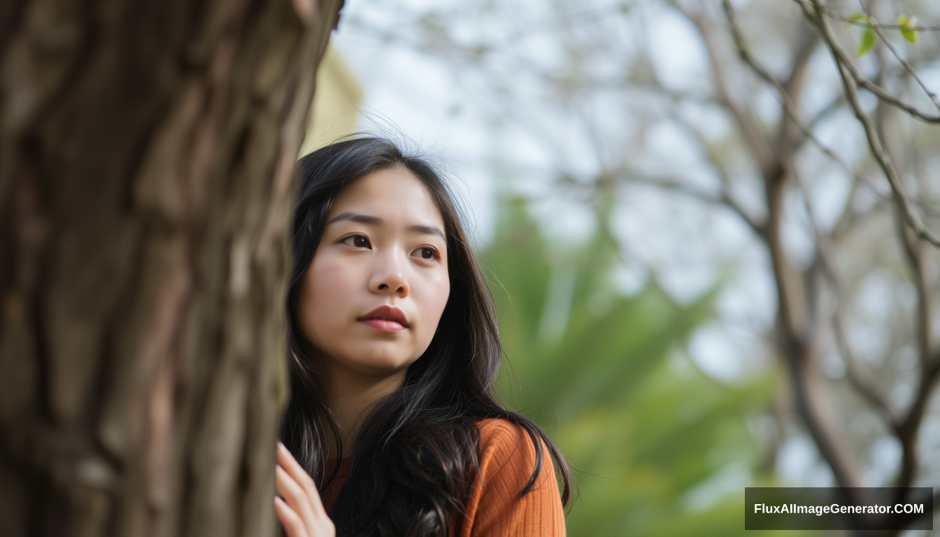 An Asian woman is looking at the tree, looking at the camera. - Image