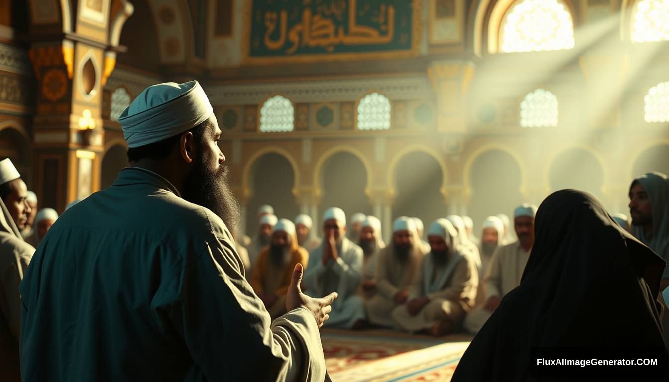 Prophet Muhammad (SAW) addressing his companions in a mosque, explaining the signs of the Dajjal. The scene is filled with calm yet serious expressions, emphasizing the importance of the message. Ultra HD, realistic, respectful, with soft and cinematic lighting.