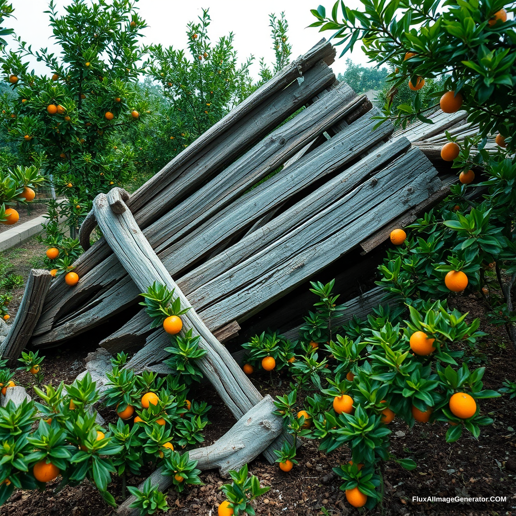 A toppled and decayed court scale It is falling apart and partially buried in the ground, many shoots growing from small orange trees, surrounding it.