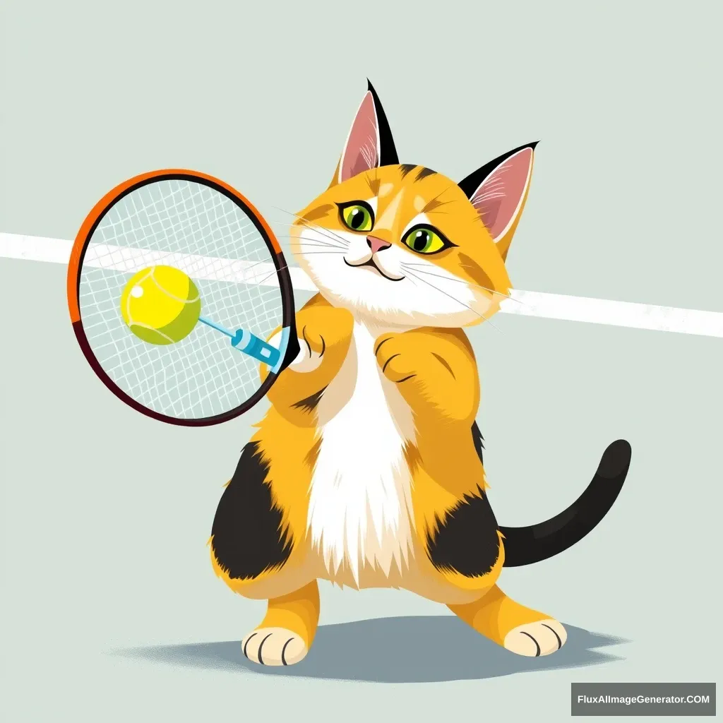 A yellow and black cat is playing tennis.