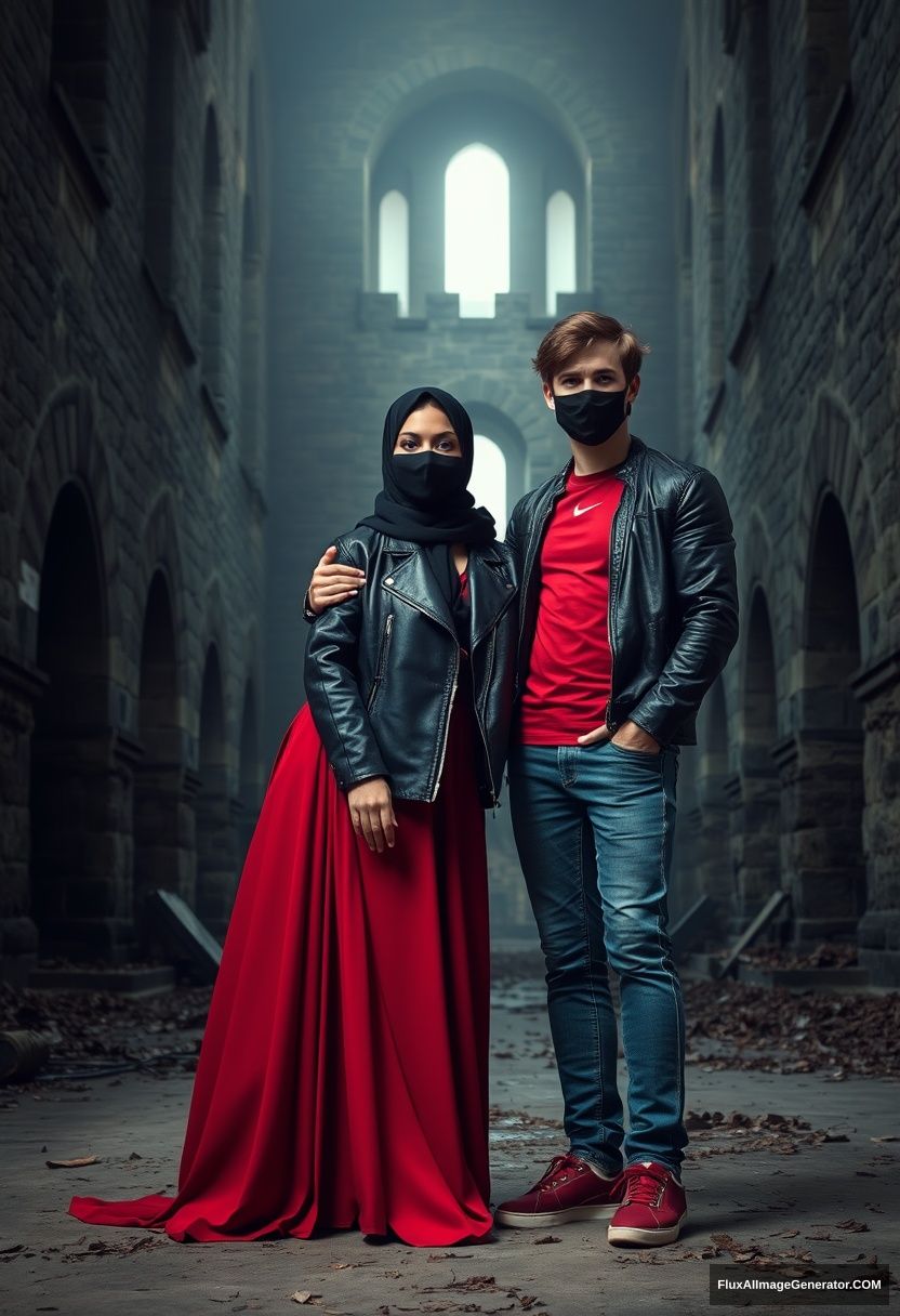 A biggest black hijab girl, beautiful eyes, face mask black, black leather jacket, biggest red longest dress, untall, standing near him and love, hold his arm,

Jamie Dornan, handsome, youngest, face mask black, fit and tough body, Nike red t-shirt, black leather jacket, jeans, red sneaker, tall man, standing near her

Hyper realistic, photorealistic, studio photography, Victoria's abandoned castle, gloomy. - Image