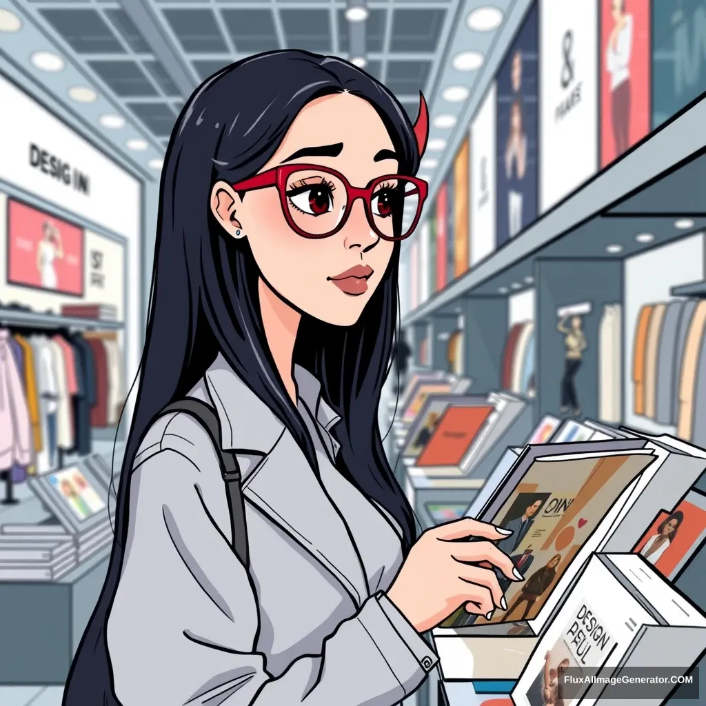 Cartoon, a fashionable 20-year-old woman with long black hair and red horn-rimmed glasses is looking at design books on display in a shopping mall.