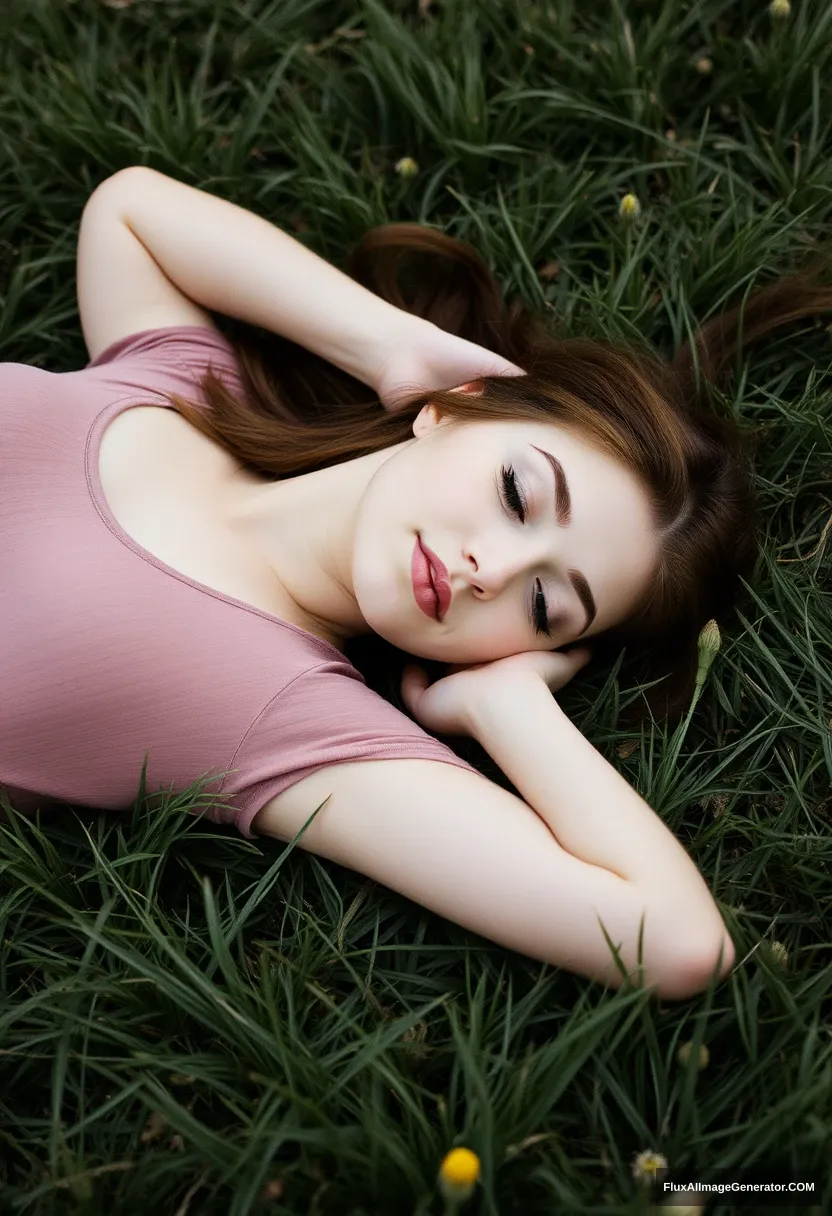 A young woman sleeping on the grass.