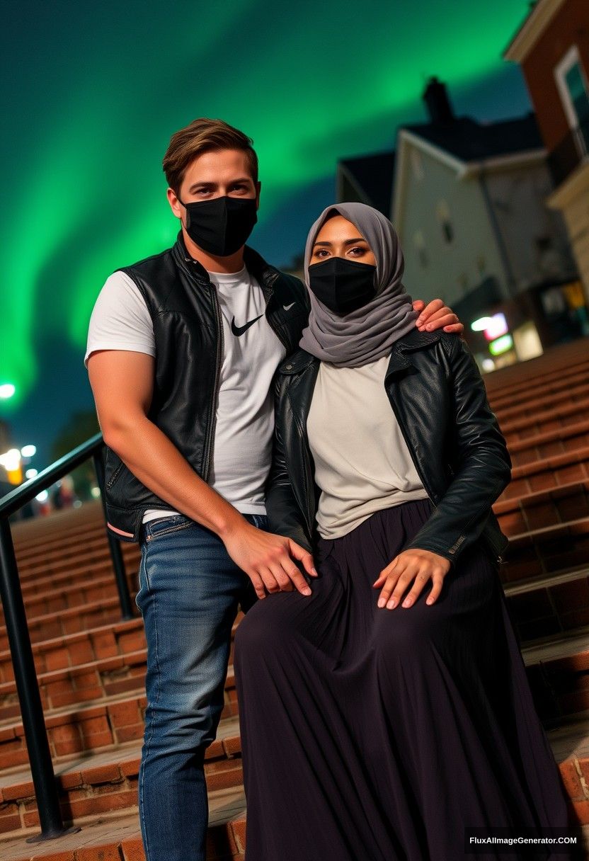 Jamie Dornan, tall, handsome, black face mask, white Nike T-shirt, jeans,

dating romantically with a gray hijab Muslim girl, beautiful eyes, black face mask, leather jacket, very long and wide skirt, not a tall girl,

sitting on brick stairs in town, photorealistic, street photography, selfie photos, night scenery, aurora borealis.