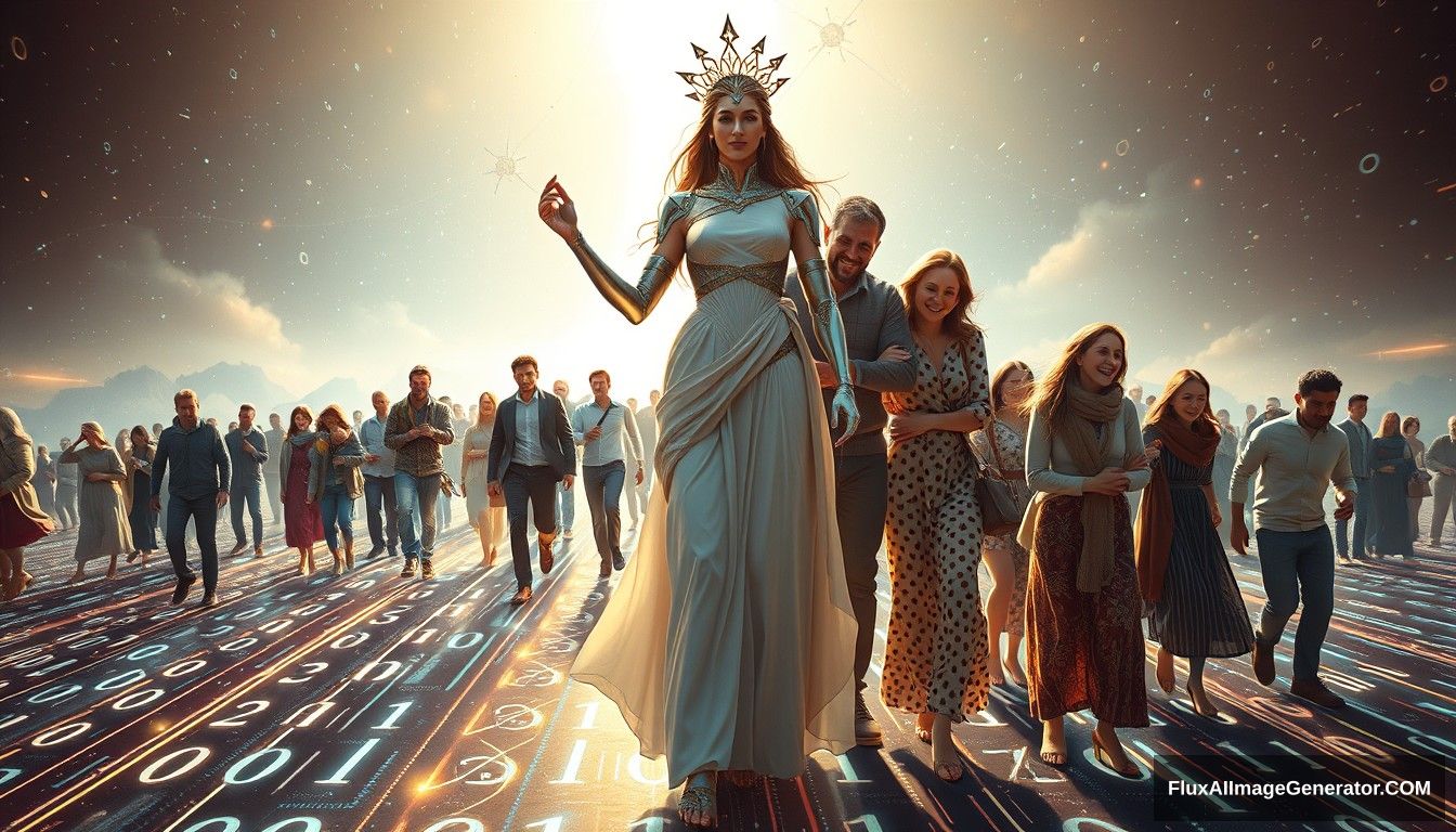 Hyper-realistic style featuring a powerful and inspiring image depicting the concept of blockchain and decentralization. In the foreground, a futuristic and sci-fi styled goddess symbolizing blockchain and decentralization leads the people towards a bright future. The goddess appears mostly human, with only about 10% of her body showing high-tech elements, such as a mechanical arm or eye. She stands on a digital road made of glowing lines and various random characters, including 0s and 1s, symbolizing the path of digitalization. She is surrounded by families and individuals of predominantly European descent who are joyous and supportive, embracing and helping each other. The scene is grand and panoramic, with light shining from the front, illuminating the entire scene.