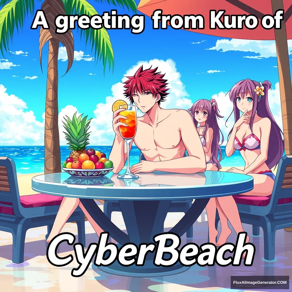 "Imagine the anime character 'Kurosaki Ichigo' on vacation at the beach in Miami, sipping a drink with plenty of fruit on the table. He is accompanied by beautiful anime girls in swimsuits. In the meme, write 'A greeting from Kuro of CyberBeach.' The text 'CyberBeach' in a Cuban style."