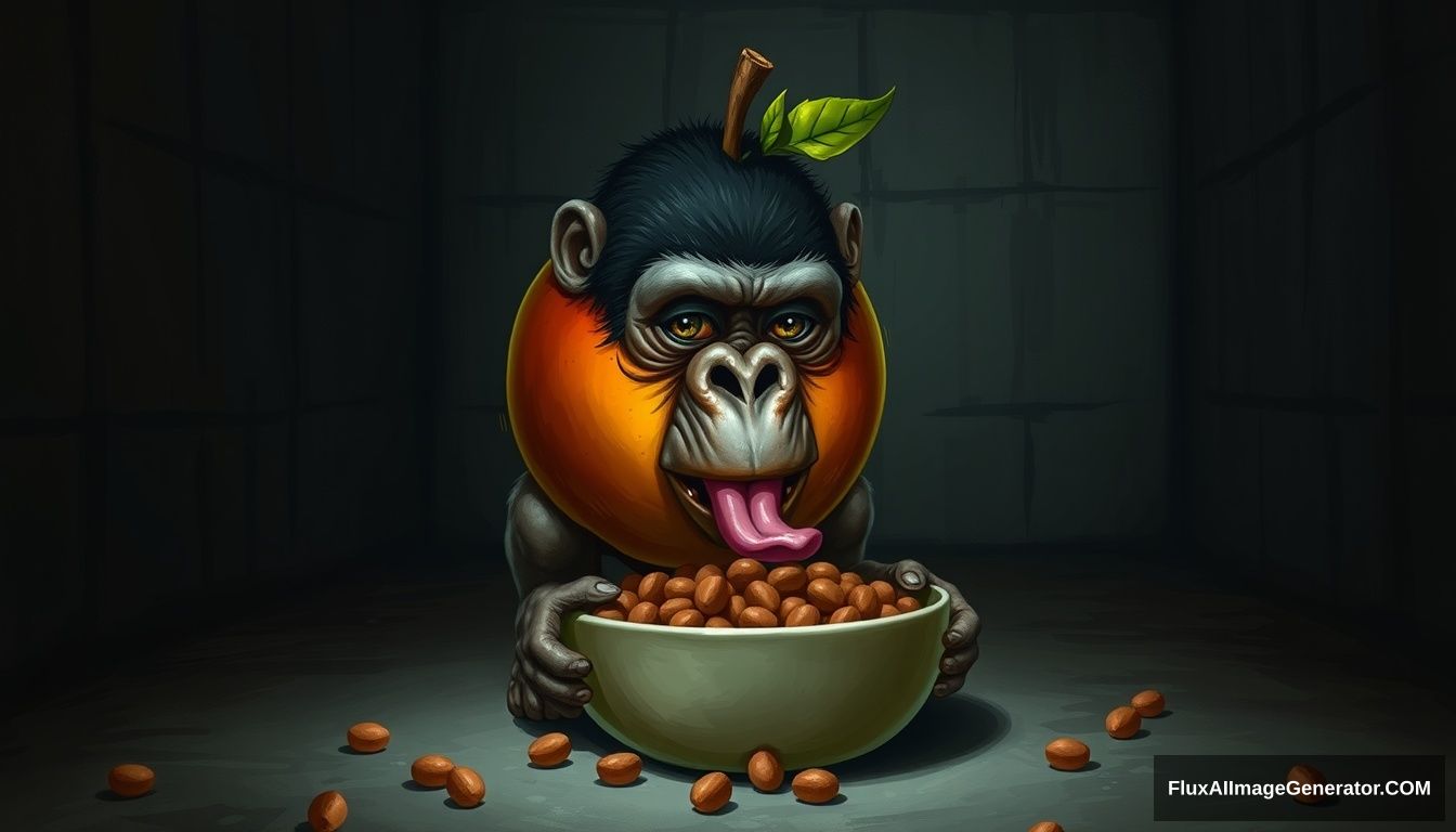 An apple with the face of a gorilla and crouching legs is perched over a bowl of dog food and licking it out with its tongue inside of a dark basement, digital painting.