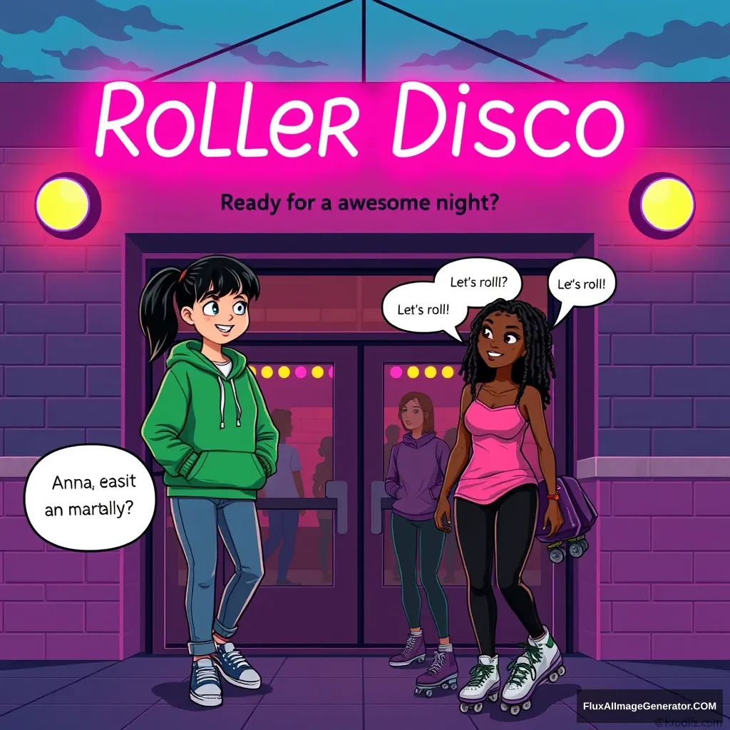 Scene: The entrance of a roller disco at dusk. The neon sign above the entrance reads "Roller Disco" in bright colors. There are a few people walking in.  
Anna: Medium height, straight black hair in a ponytail, wearing a green hoodie, jeans, and sneakers. She looks excited. (speech bubble): "Ready for an awesome night?"  
Sally: Dark-skinned, dreadlocks, wearing a pink tank top, black leggings, and roller skates hanging over her shoulder. She is smiling and looking at Anna. (speech bubble): "Let's roll!" - Image