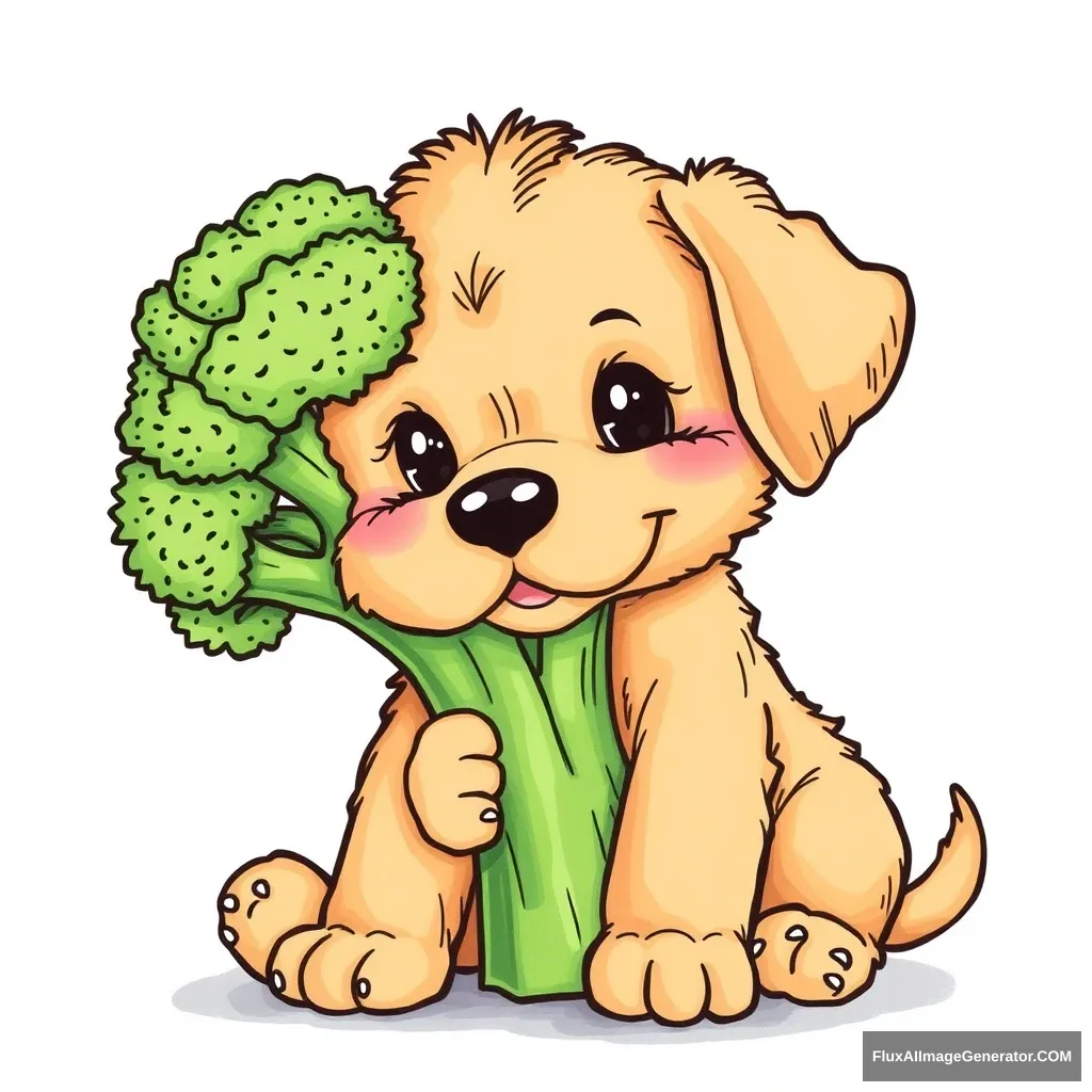 "Please draw a baby puppy with broccoli."