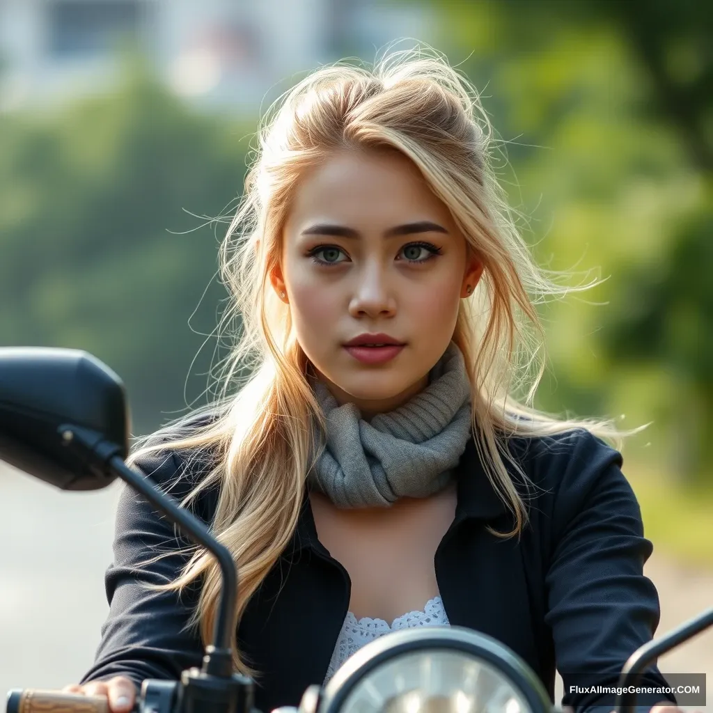 A young woman with blonde hair and blue eyes is riding a motorcycle; she is Chinese.