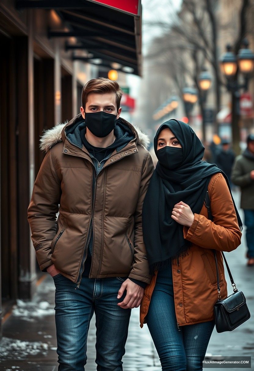 Jamie Dornan, handsome, young, black face mask, snow jacket, jeans, dating the prettiest Muslim girl in a big black hijab, beautiful eyes, black face mask, snow jacket, winter scenery, walking together in town, hyper-realistic, street photography.