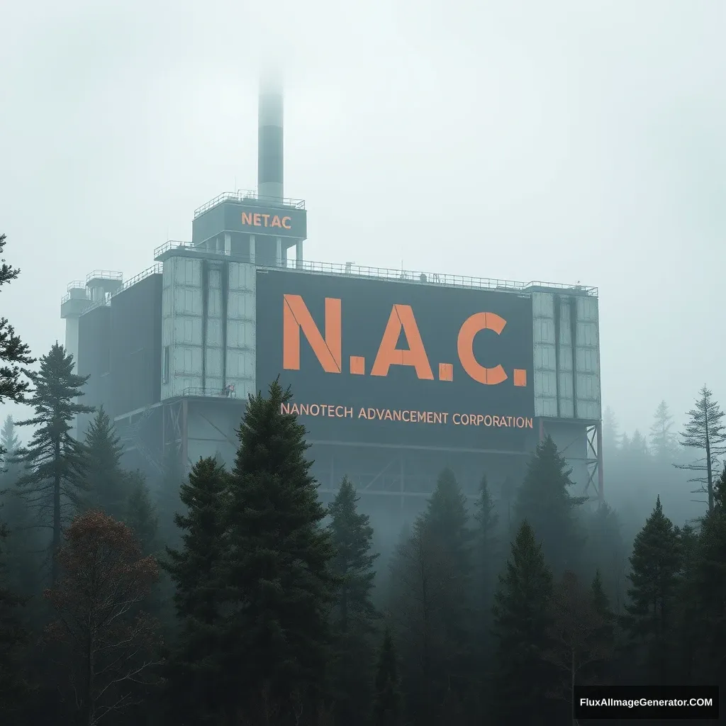 Abandoned huge weapons factory with black and orange N.A.C. "Nanotech Advancement Corporation" sign in the forest, in the fog.