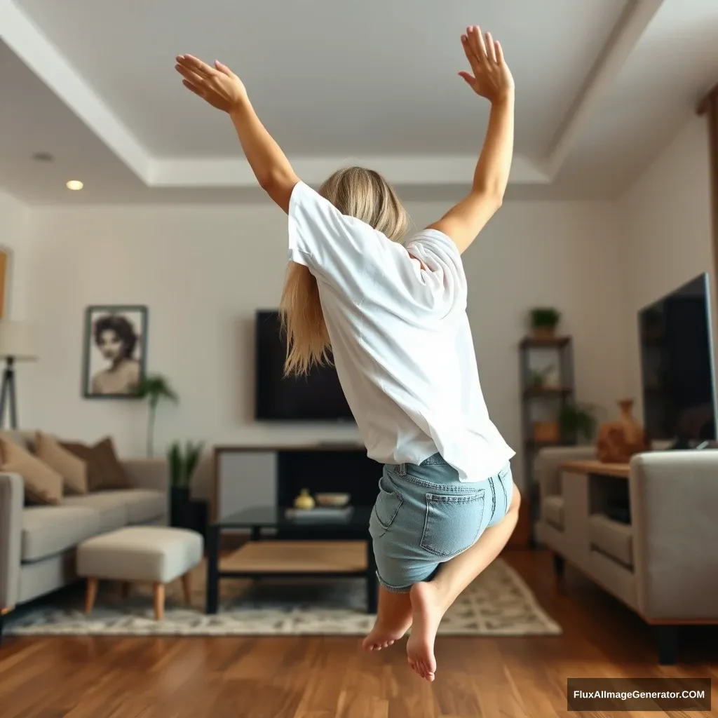 A right angle of a slender blonde woman in her large living room, wearing a significantly oversized white T-shirt that is also uneven on one sleeve, along with oversized light blue denim shorts. She is barefoot and facing her TV, diving headfirst with both arms raised beneath her head and her legs lifted in the air, positioned at a -60 degree angle. - Image