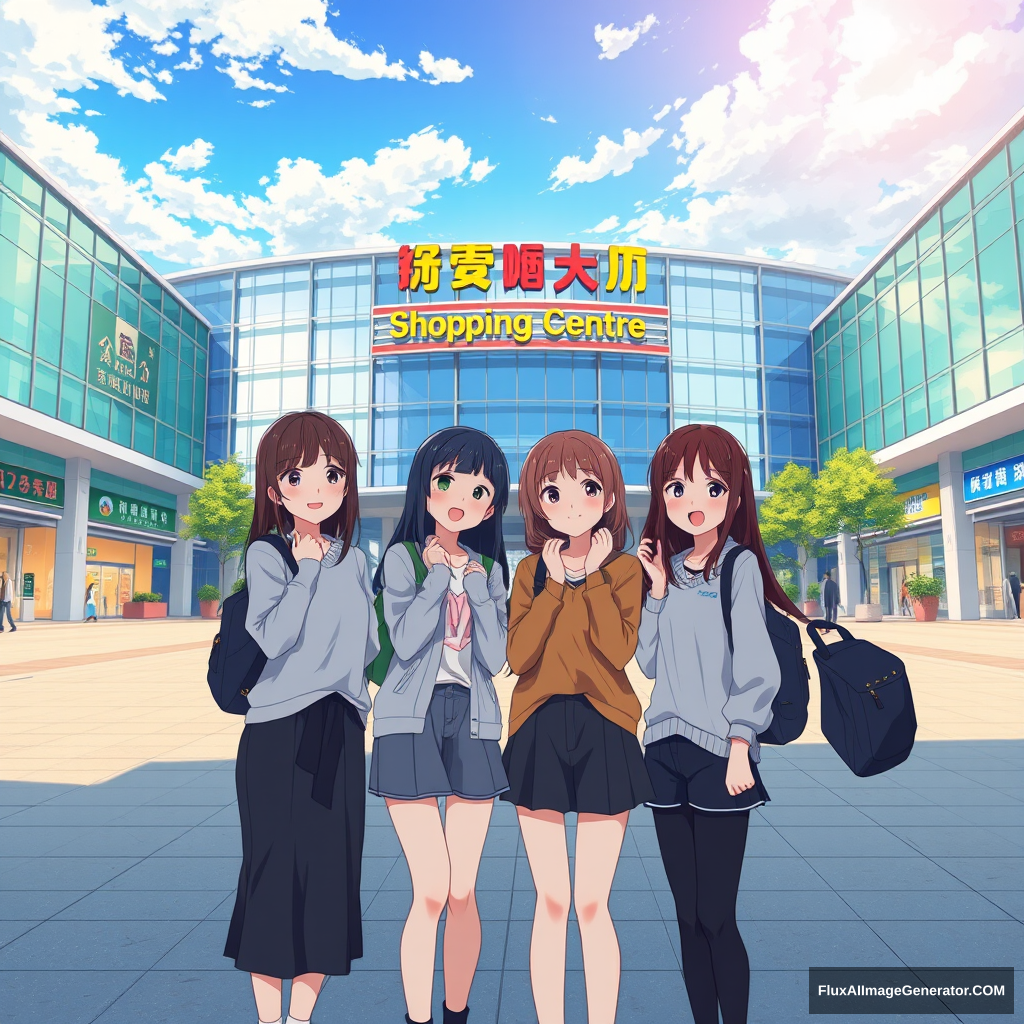 Anime illustration which depicts four teenage girls standing in an outdoor plaza, delightfully looking at the viewer and posing. Behind them is the building of a modern shopping mall with a colorful signboard that reads "Tung Chung Town Shopping Centre," indicating the name of the shopping mall. The weather is very good and comfortable, with a beautiful blue sky, white clouds, and sunlight. 4k, ultra detailed background. - Image