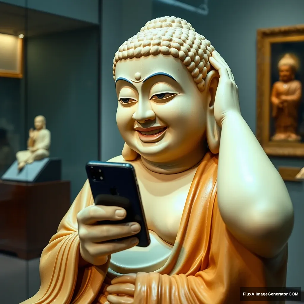 A museum artifact, a Buddha holding a smartphone, scratching the back of its head in thought, an amusing shot, comical actions, an interesting work, an exhibit, grinning with teeth showing.