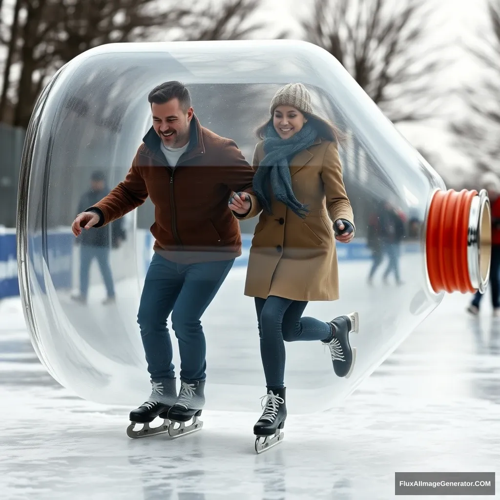 One man and a woman are skating in a bottle. - Image