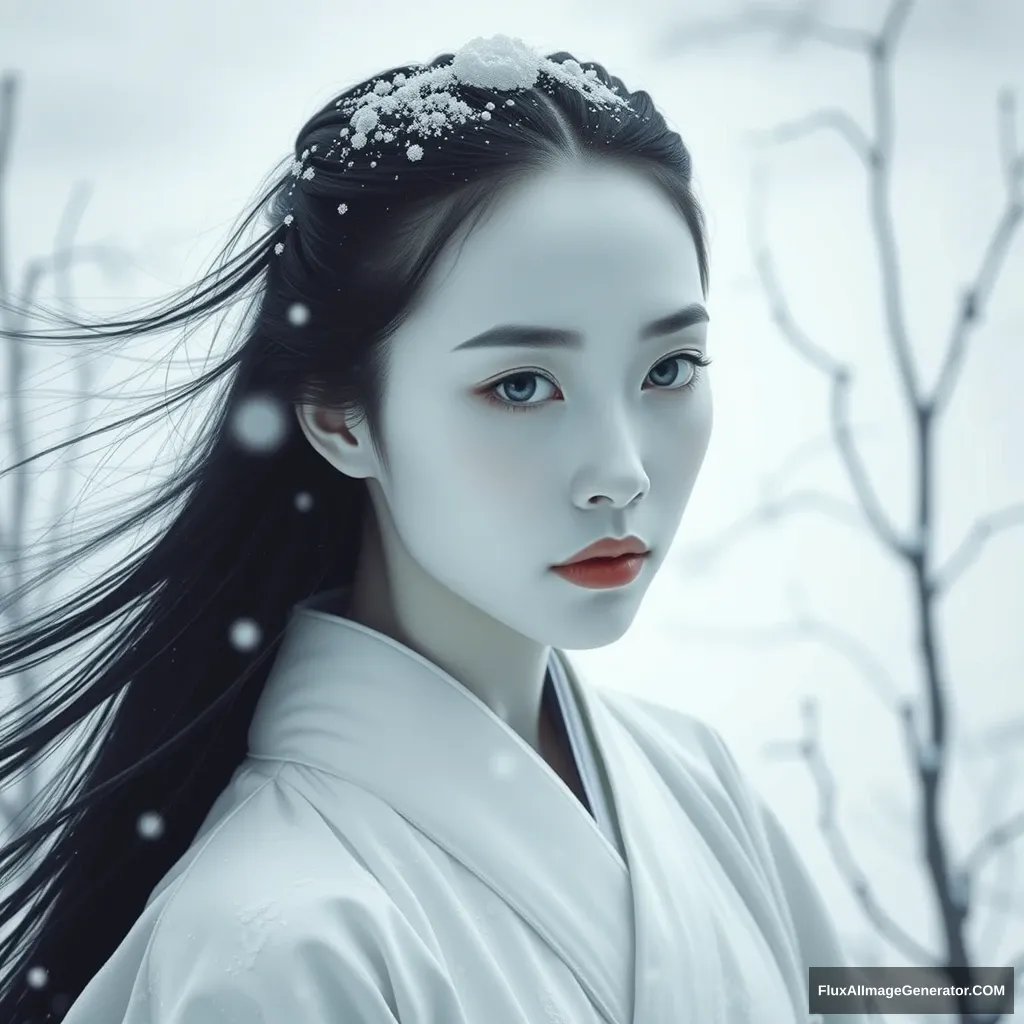 '(((Masterpiece))), (((Best Quality))), ((Extremely Delicate and Beautiful)), ((Fantasy)), (Realism) Snow Woman, Asian beauty, a beautiful face with skin as white as snow, flawless. Her face is cold and expressionless, giving an impression of icy aloofness. Her eyes are large and deep, a deep blue. Her gaze reveals a mysterious and cool demeanor. Her hair is long and jet black, cascading over her shoulders, swaying with the wind. She wears a pure white traditional Japanese kimono. The fabric of the kimono is light and seems to merge with her body. A white belt ties around her waist. The background is a snow-covered land, with faint silhouettes of some dead trees. Horror style.'