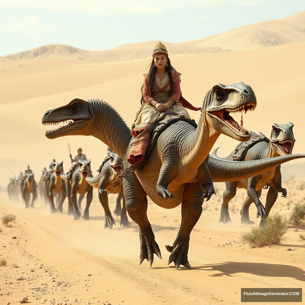 ancient Mongolian caravan of Velociraptor Dinosaurs walking through the Mongolian Gobi Desert, ahead of the caravan is a young Mongolian Queen woman riding a Dinosaur T-rex, location Mongolia, realistic photo, 4K - Image