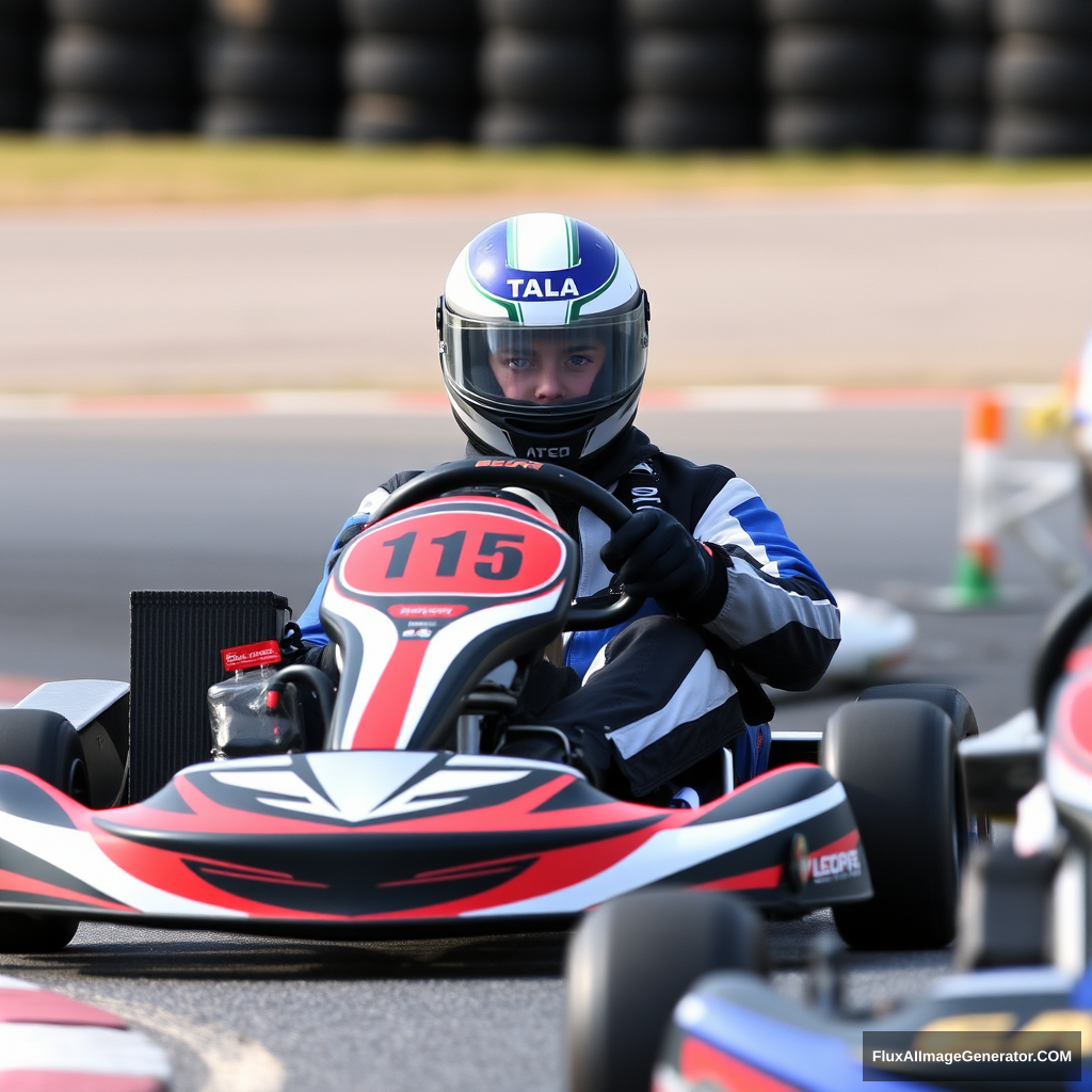 Young Italian driver competing in the go-kart championship in Belgium, wearing a helmet that resembles the Italian flag and a blue, black, grey, and white livery. Seen on the track overtaking another driver. - Image