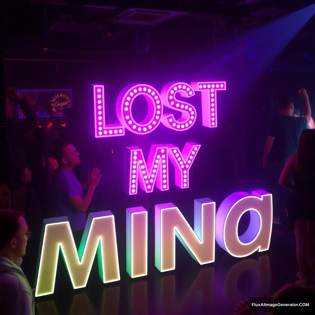 Lost my mind in the club, people dancing, glowing 3D text saying "Lost My Mind" - Image