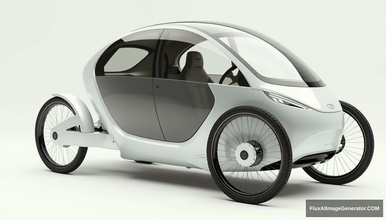 3-wheeled, enclosed, concept car, 2 wheels in front, (1 wheel in back), 4k, wide bicycle wheels, very low, sleek, detailed.