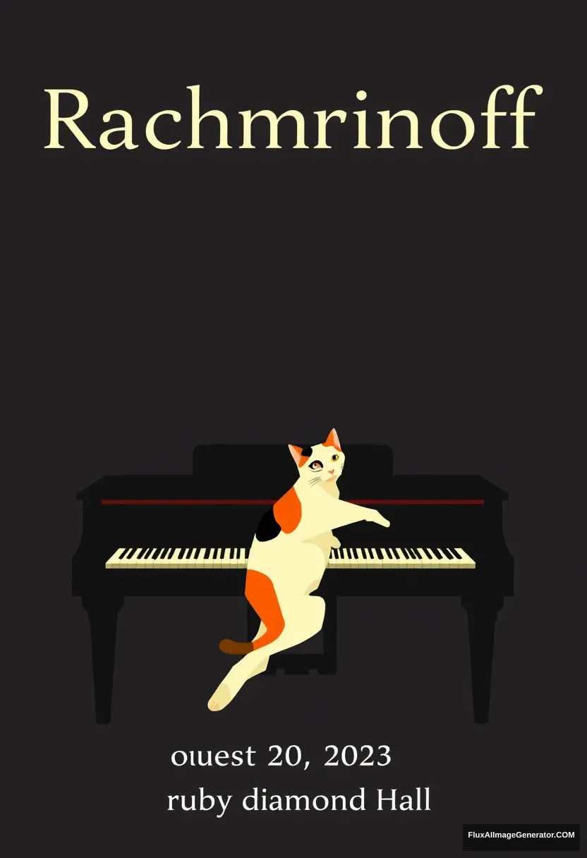 Title:  	“Rachmaninoff” displayed at the top center

Include the following text at the bottom of the poster:
“August 20, 2024” 	
“7:00 PM” 	
“ruby diamond Hall” 	

Visual Elements:  A grand piano centered at the bottom of the poster with a cat playing piano in a Matisse style and minimal style. - Image