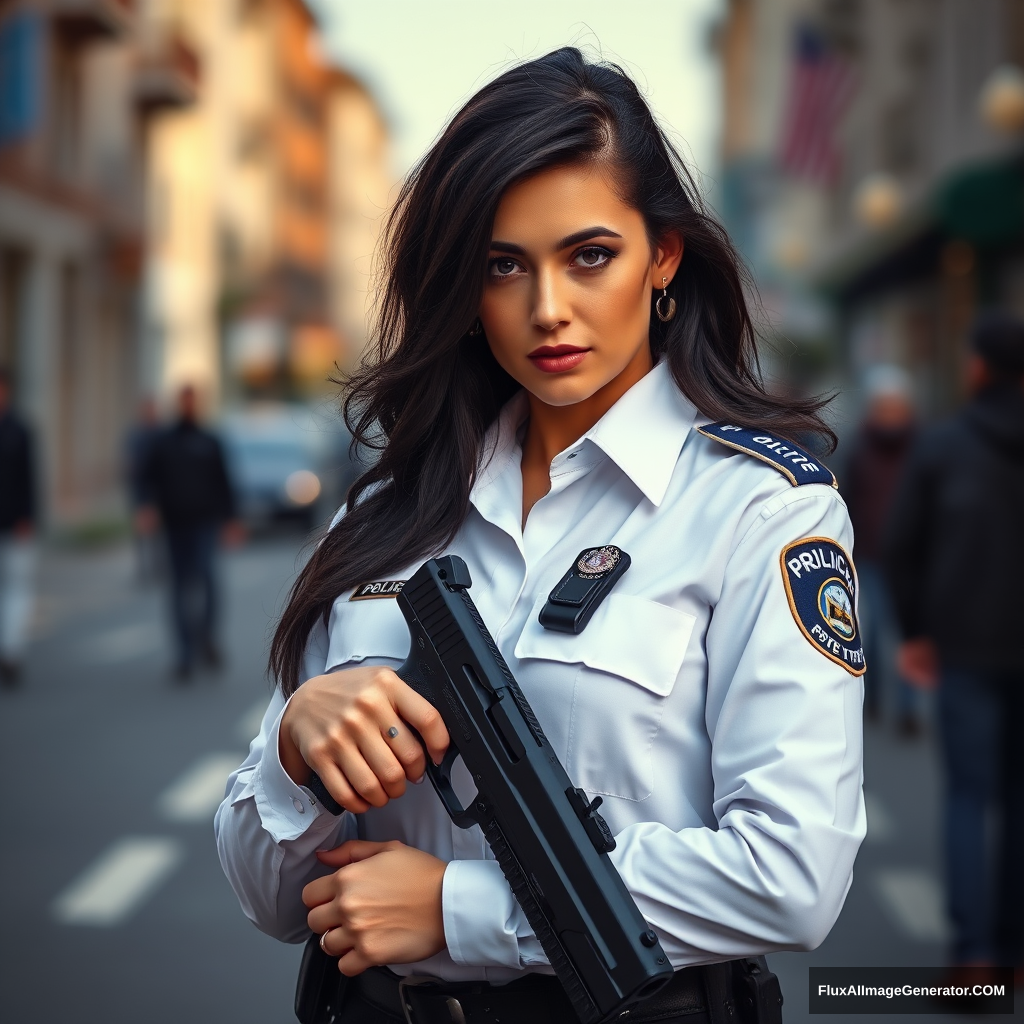 A dark-haired woman, wearing a police outfit, holding a Beretta in a street background. - Image