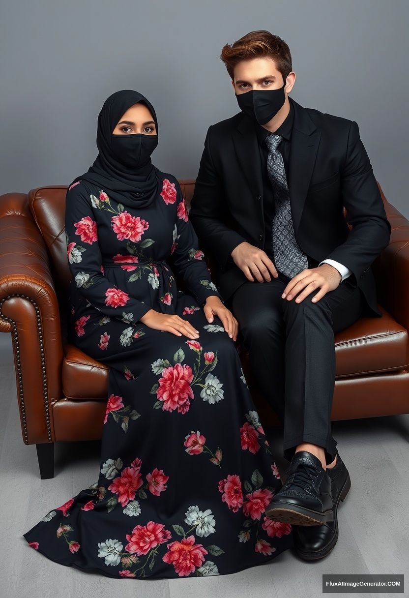 A biggest black hijab girl, slim girl, beautiful eyes, face mask black, biggest floral longest dress, sitting on leather single wing sofa,

Jamie Dornan, youngest, black suit coat, grey pattern tie, black leather sneaker, tall man, face mask black, fit tough body, sitting near her,

hyper realistic, studio photography. - Image