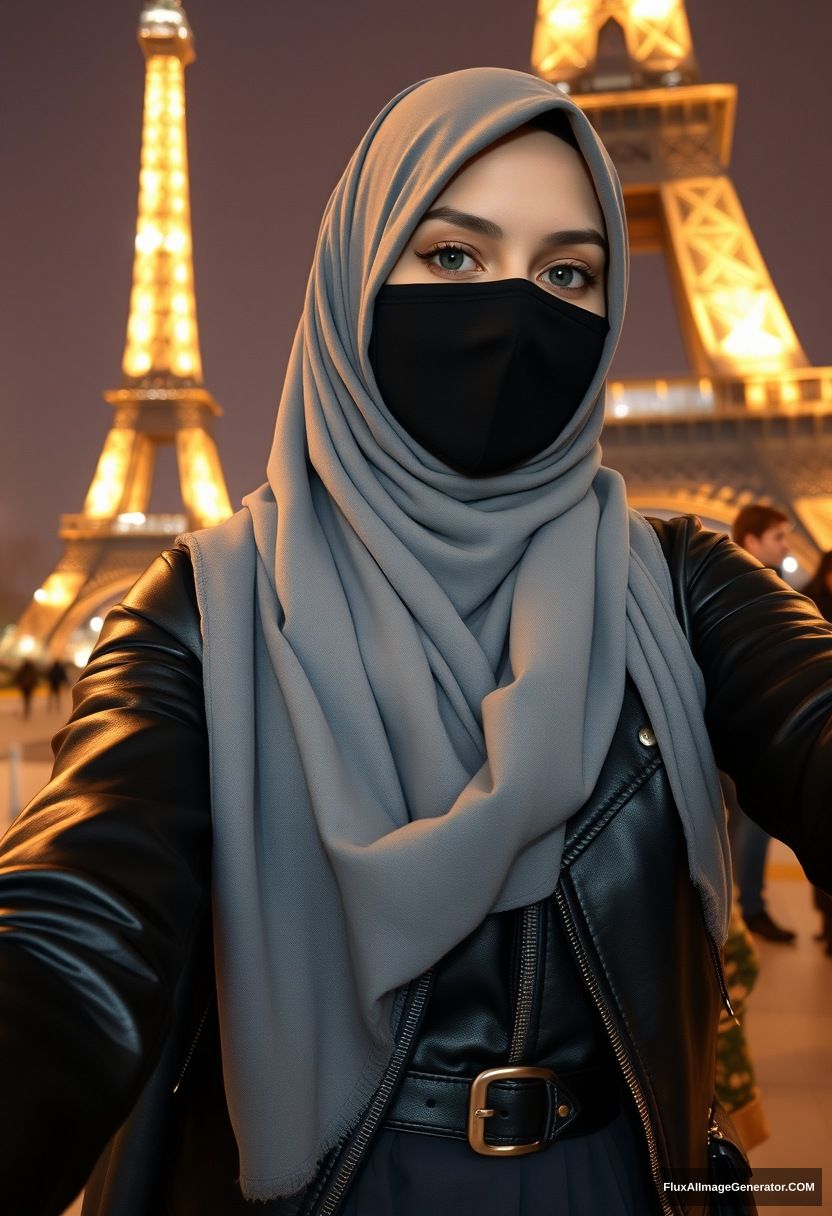 Biggest grey hijab Muslim girl, beautiful eyes, black face mask, leather jacket, biggest longest skirt, standing near the Eiffel Tower, night scenery, hyper-realistic, photorealistic, selfie photos.