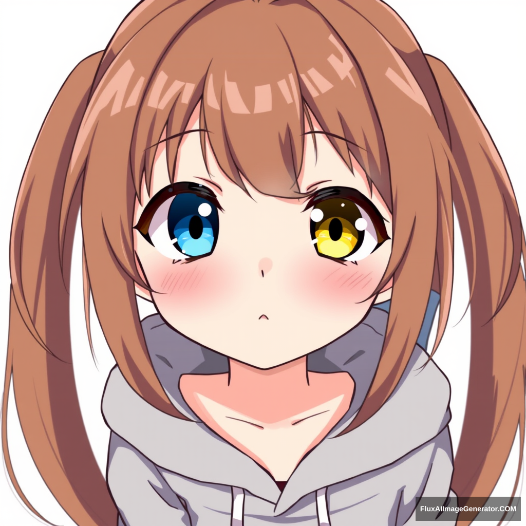 One anime girl with the left eye blue and the right one yellow, and brown hair. Cute looking, short, full body wearing a gray hoodie with a black skirt. - Image