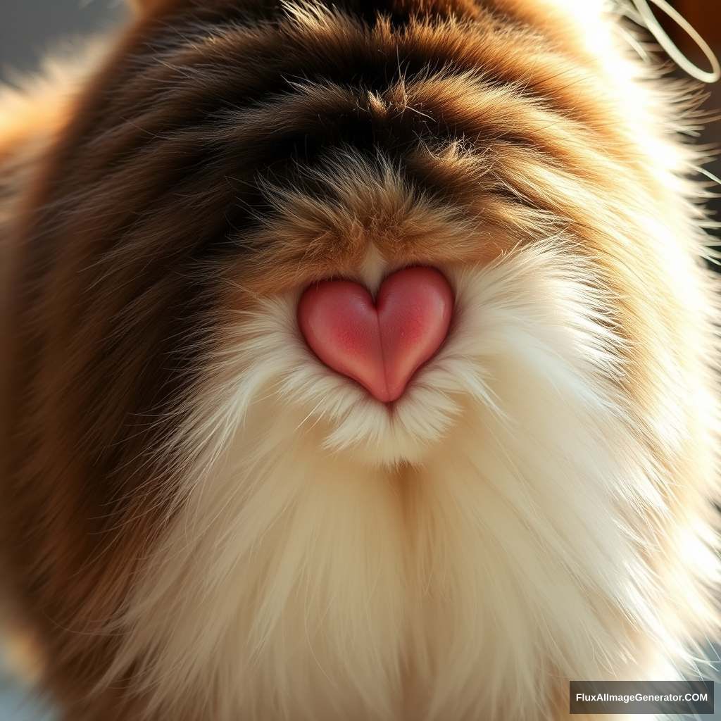 Ultra-detailed close-up of a cat's butt, featuring a chubby, fluffy cat with luxurious fur, heart-shaped pink anus prominently visible, the cat turning its head back towards the camera, curious and playful expression, warm sunlight highlighting the fur, soft shadows adding depth, intricate texture in the fur and skin, photorealistic, vibrant colors.