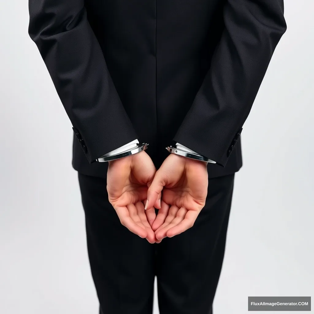 "A pair of hands in formal attire wearing handcuffs." - Image