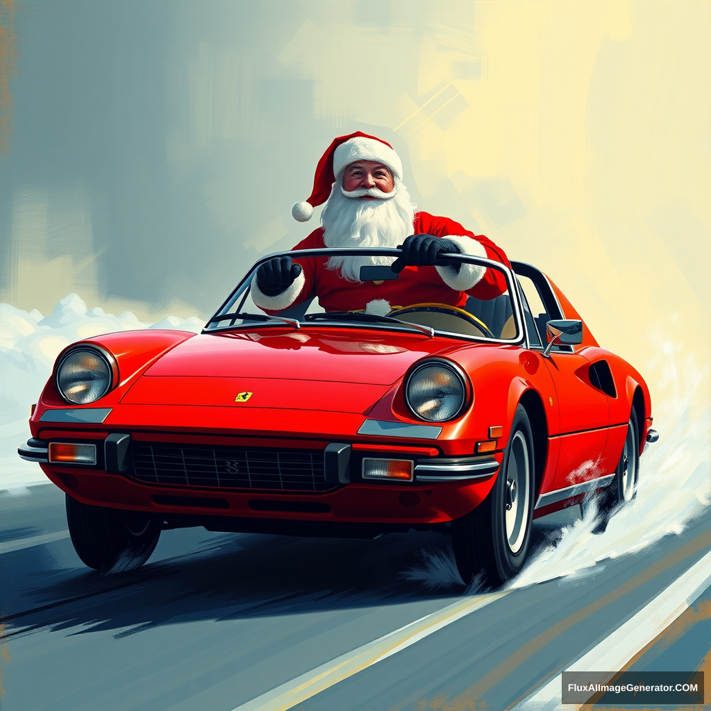 Santa driving a Ferrari 308 GTS, a painting by Authur Sarnoff, 4K.