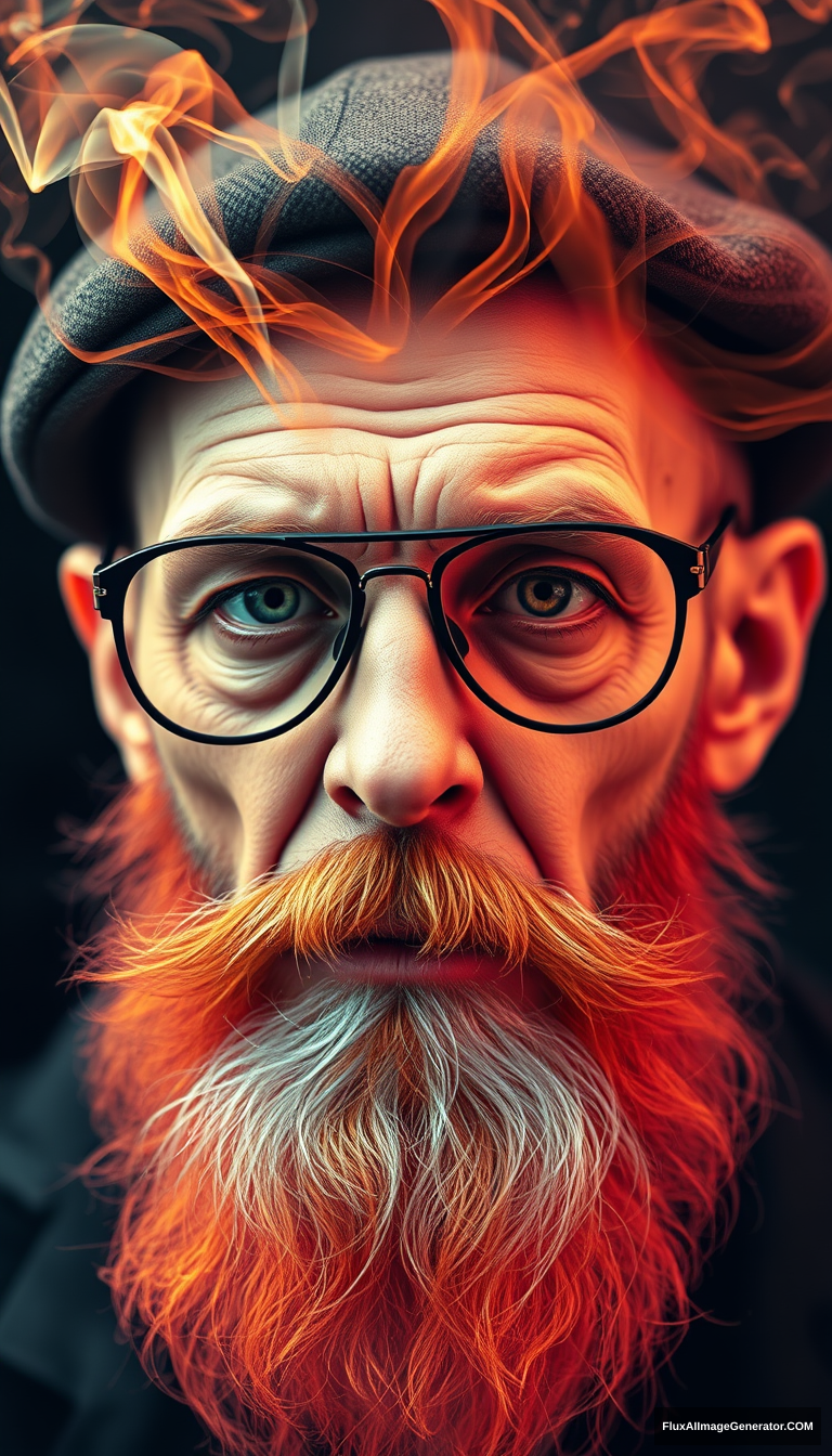 Hyper-realistic portrait of a human lich, skin dissolving into iridescent smoke tendrils. Vibrant wisps curl from chiseled cheekbones, creating an ethereal aura. Piercing eyes behind aviator glasses, fiery beard contrasts charcoal flat cap. Haunting transformation captured in ultra-high-definition, evoking existential awe. - Image