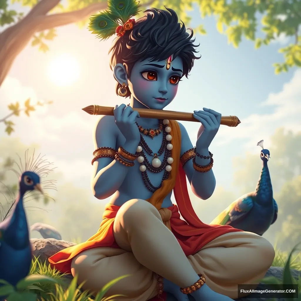 Young boy Krishna, 20 years old, (blue skin), playing flute, nature, sun, sitting, anime style, peacock, feather, cinematic rendering, 3D look.