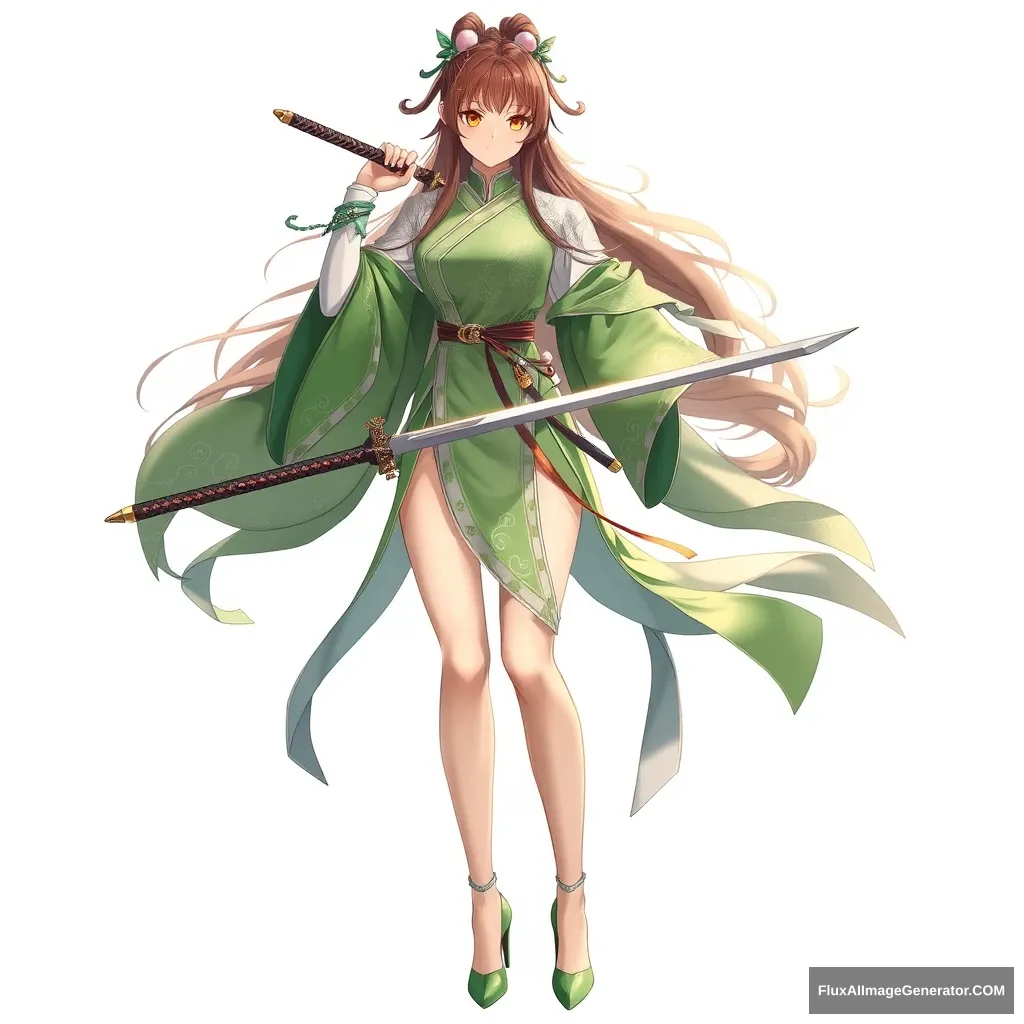 Anime ancient style beauty, dressed in a fitted outfit, wearing a grass green and silver white ancient costume with silver white patterned shawl, tight sleeves with armguards. The clothing features delicate decorations, has an antique charm, is flowing and lively, full of grace. With long hair styled in an ancient manner, long legs, a tall figure, and exuding the aura of a female martial artist from ancient times, she holds a long sword that showcases her figure, and wears green high heels.