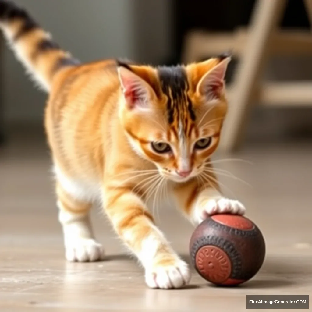 A yellow and black cat is playing with a ball.